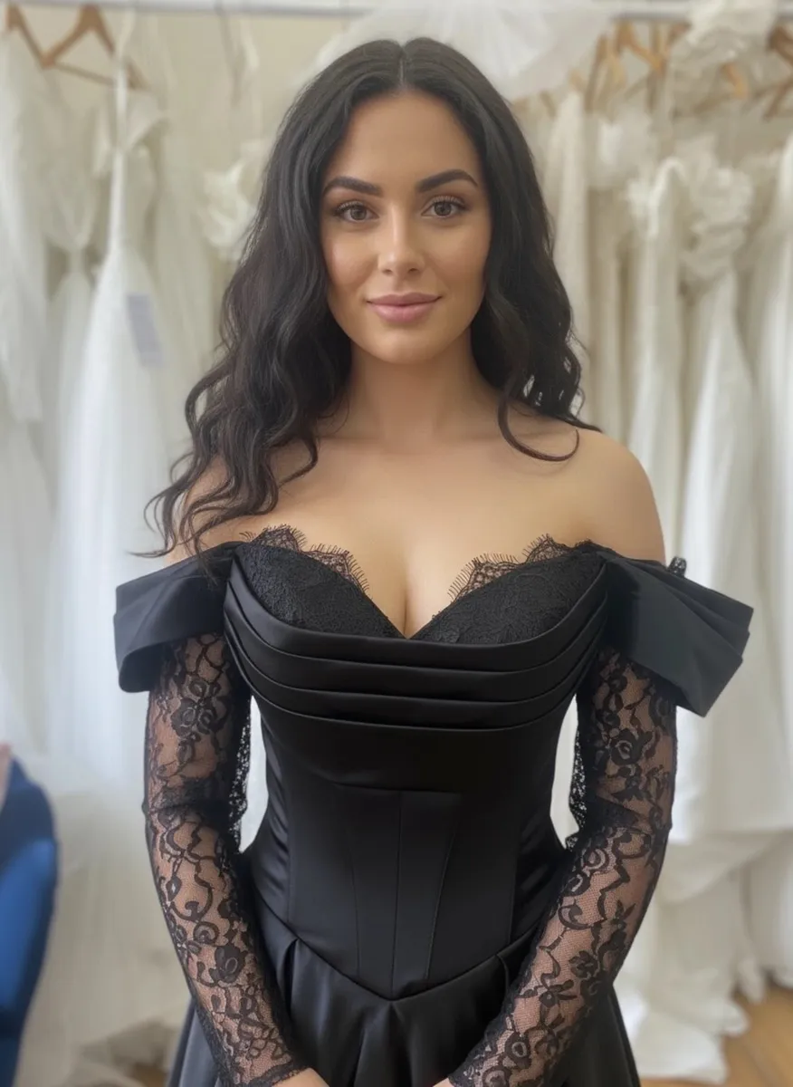 Black Satin A-Line Formal Dress-Wedding Dress - Image 1