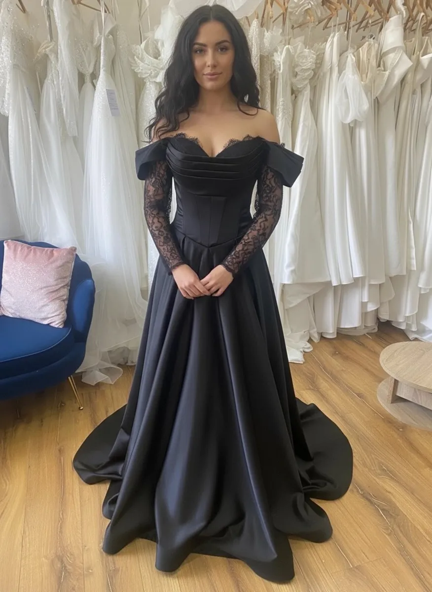 Black Satin A-Line Formal Dress-Wedding Dress - Image 2