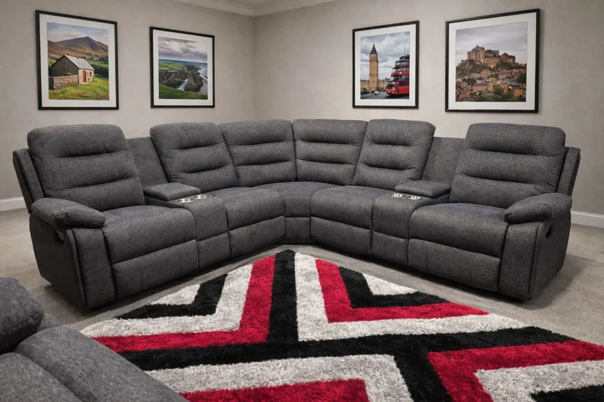 New Grey Fabric Corner Recliner Sofa And Cupholder - Image 2