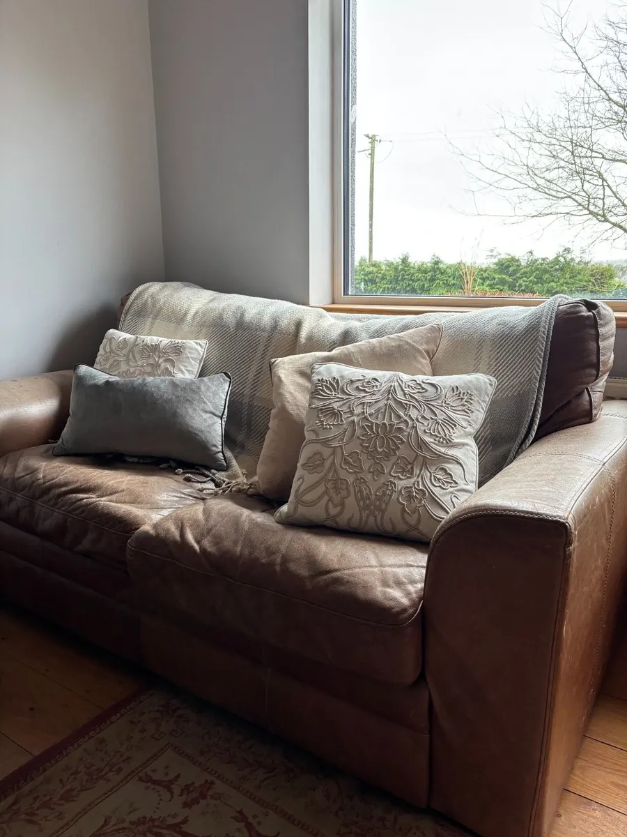 Brown Leather Sofa Suite – 2-Seater & Armchair - Image 1