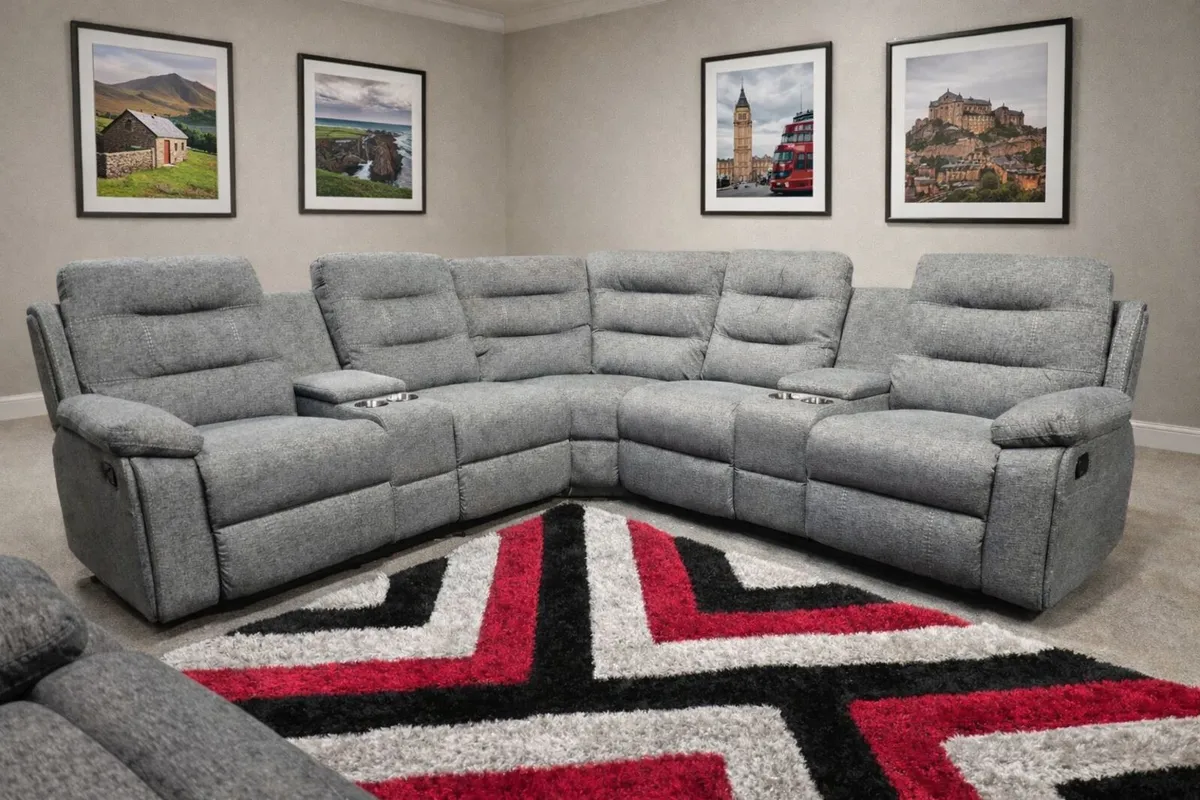 New Grey Fabric Corner Recliner Sofa And Cupholder - Image 2