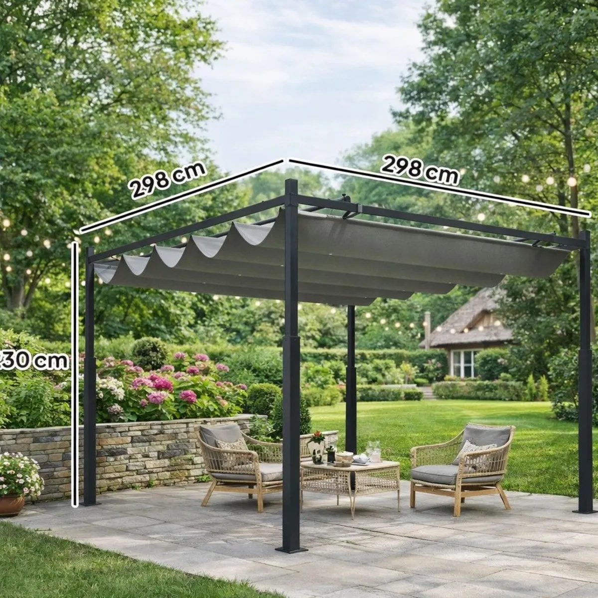 3m x 3m Retractable Garden Pergola with Canopy Roo - Image 2