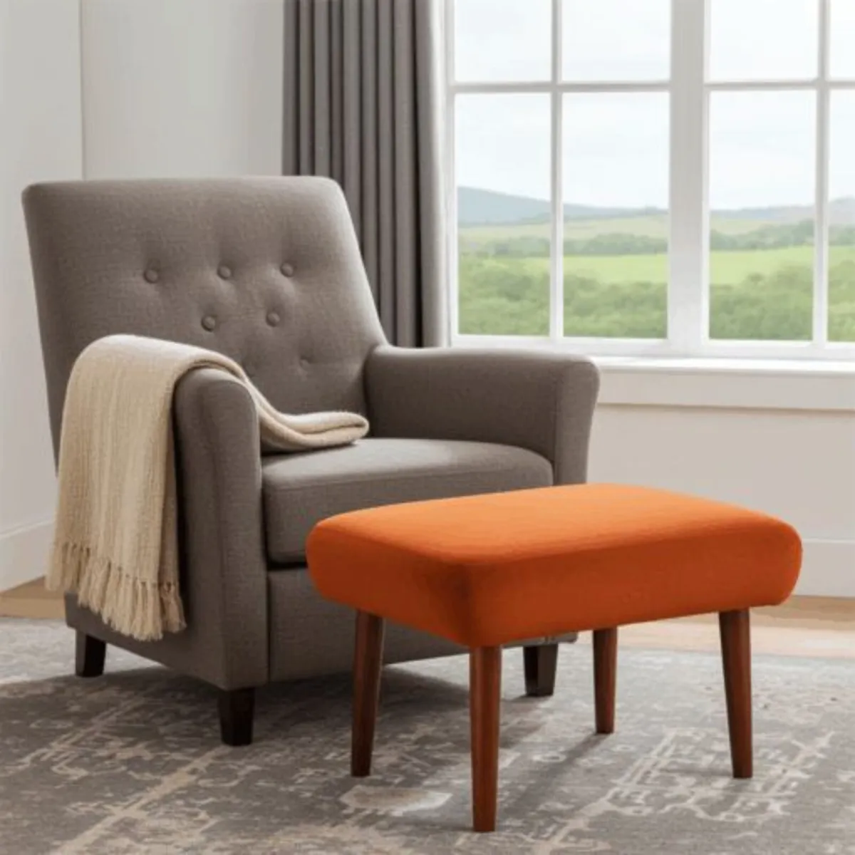 Burnt Orange Velvet Footstool – Timeless Accent - Image 1