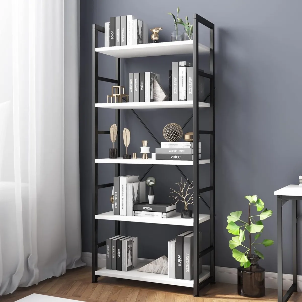 Industrial Bookshelf 5-Tier 24.8 White Shelving - Image 1