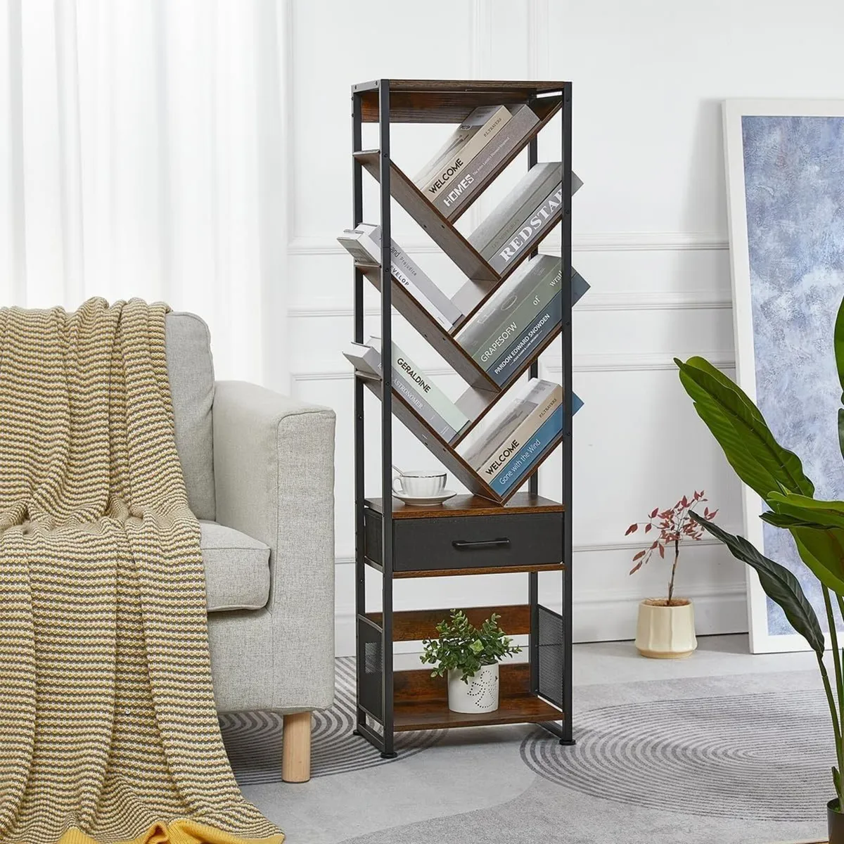 Tree Bookshelf with Side Table Tall Bookcase - Image 1