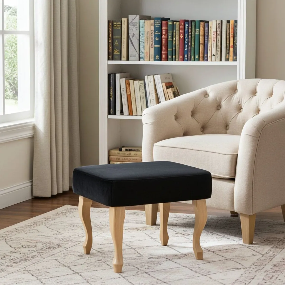 Footstool 60×40 cm – Black Velvet Pouffe with Beec - Image 3