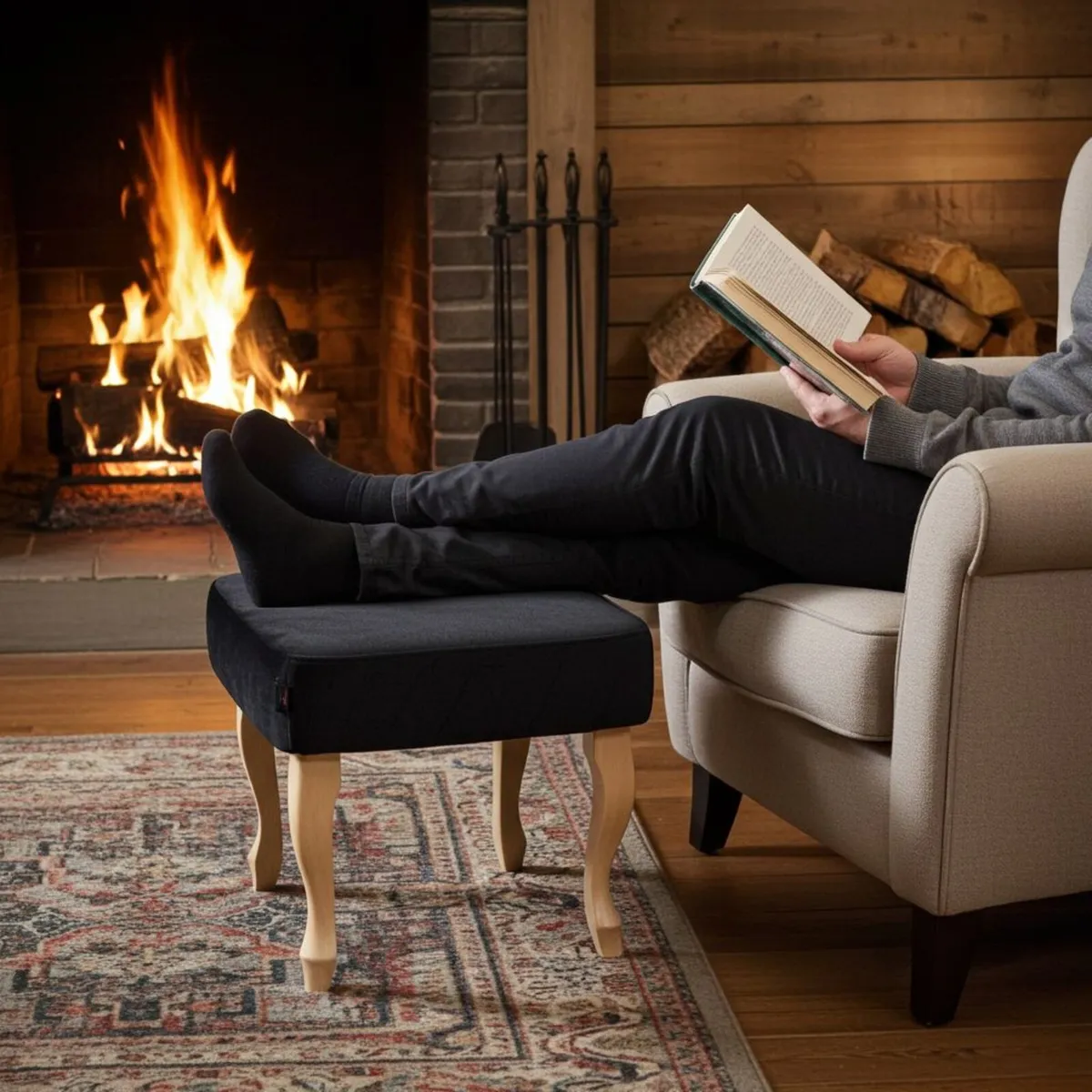 Footstool 60×40 cm – Black Velvet Pouffe with Beec - Image 2