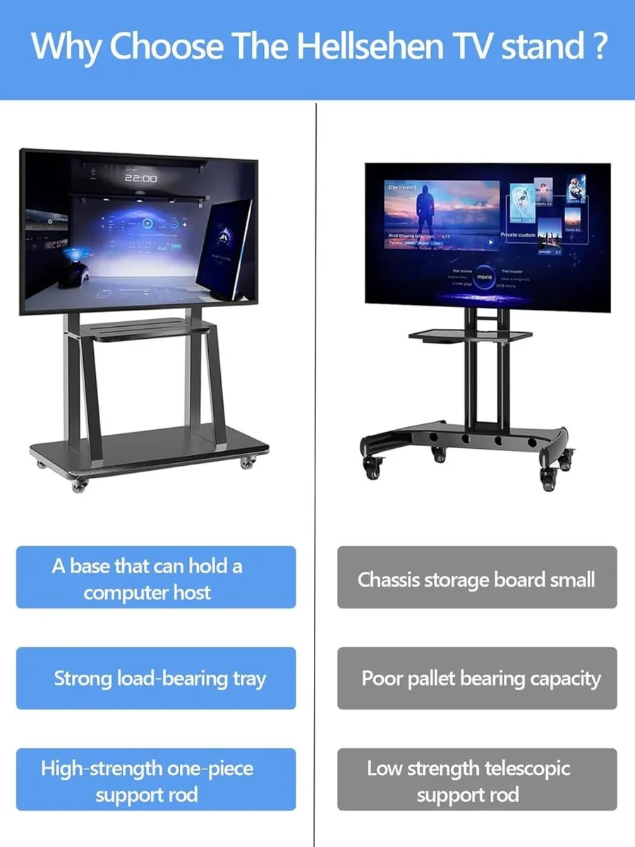 Mobile TV Stand Rolling TVs Cart on Wheels Height - Image 2