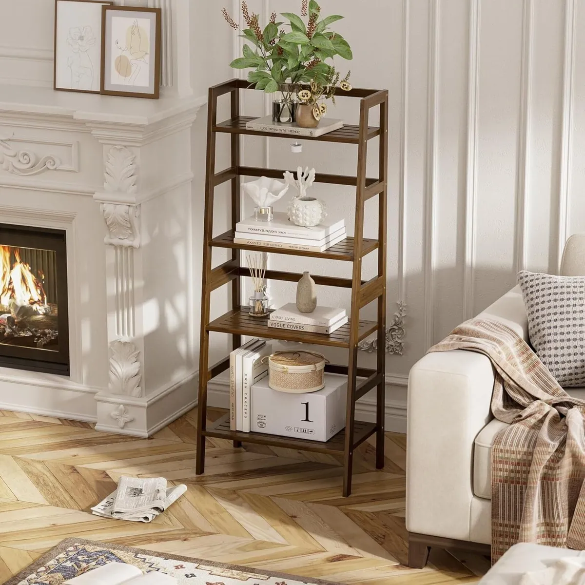 Ladder Shelf Walnut Bamboo Bookshelf 4 Tier Open - Image 2