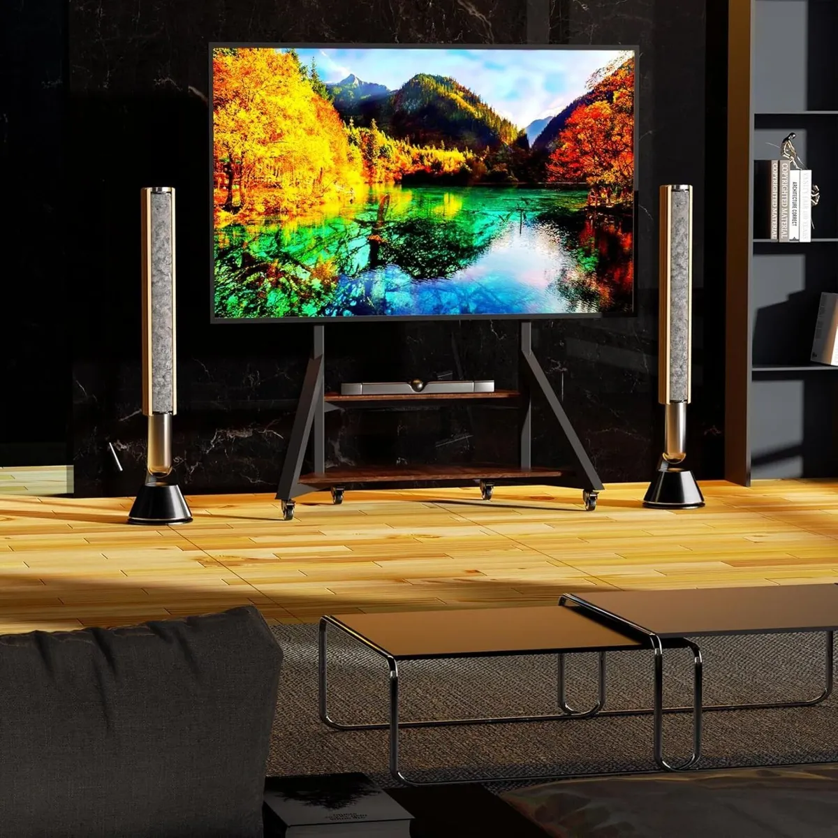 Mobile Floor TV Stand with Wheels and Wooden - Image 2