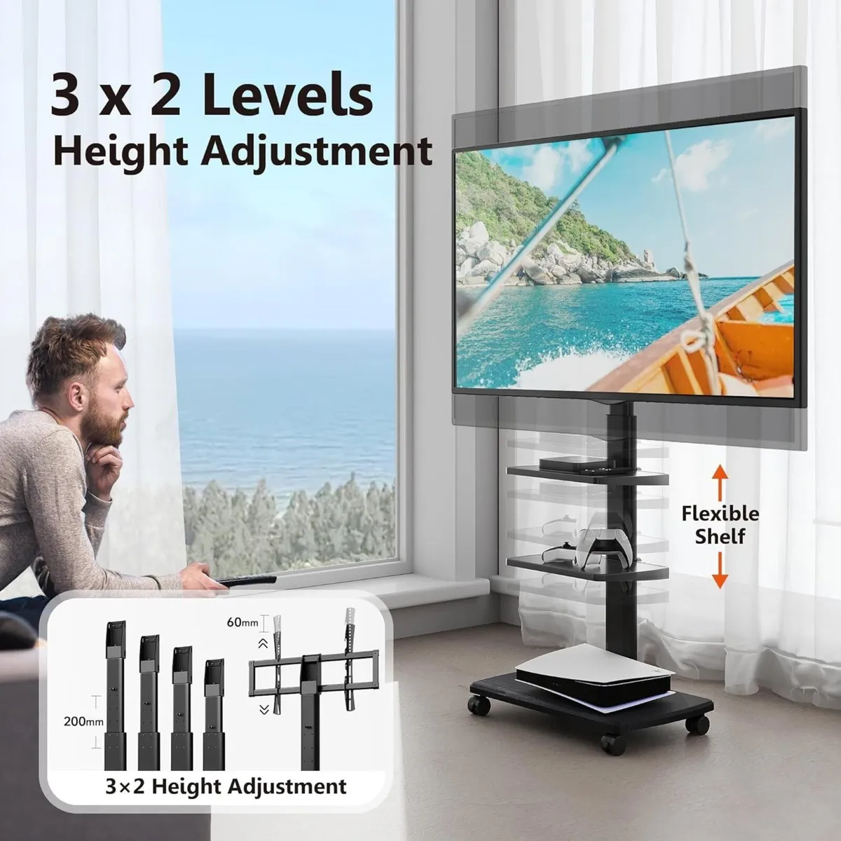 TV Stand on Wheels with 20mm Wood Base for 32-70 - Image 3