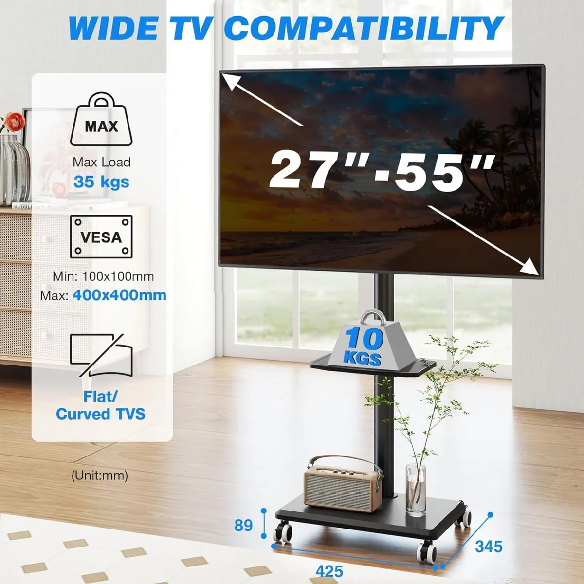 TV Stand on Wheels for 27-55 Inch Black Mobile - Image 2