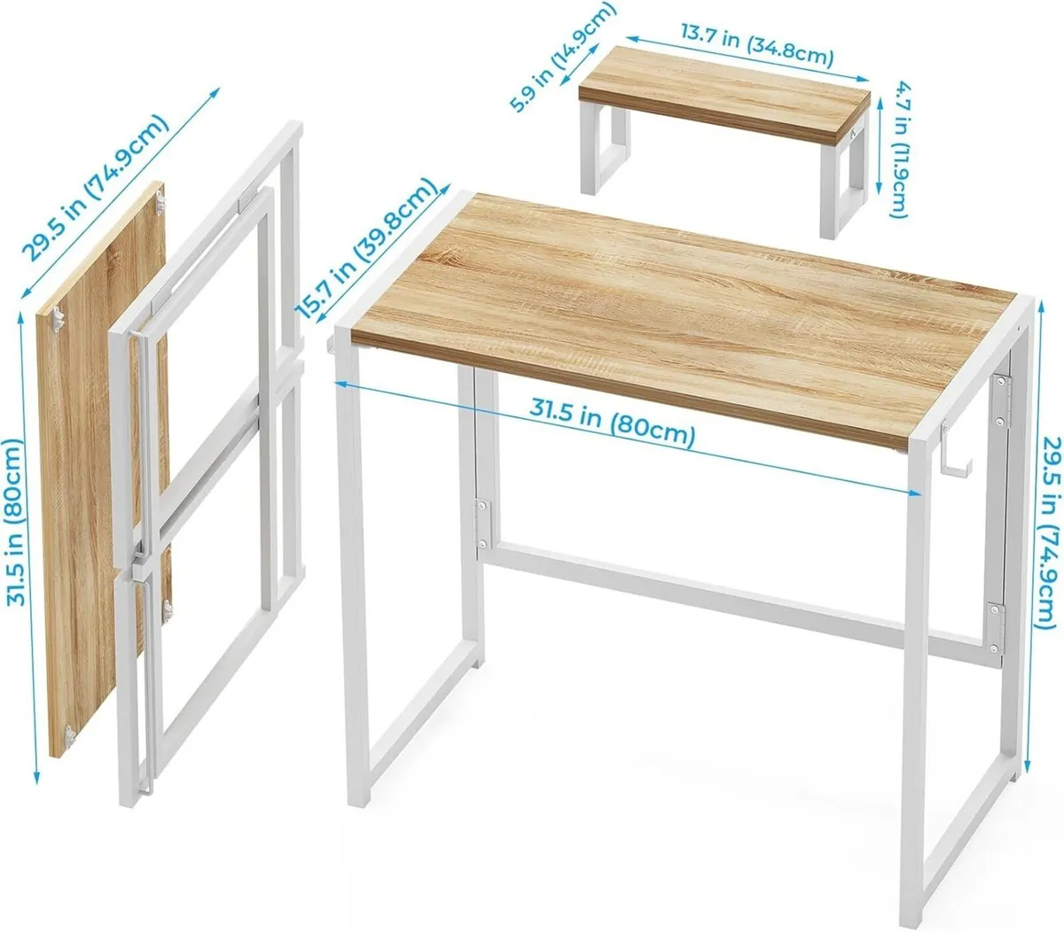 Folding Desk with Monitor Shelf 80cm Small - Image 3