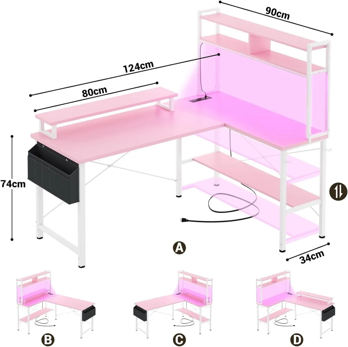 L Shaped Gaming Desk with Power Outlets LED - Image 3