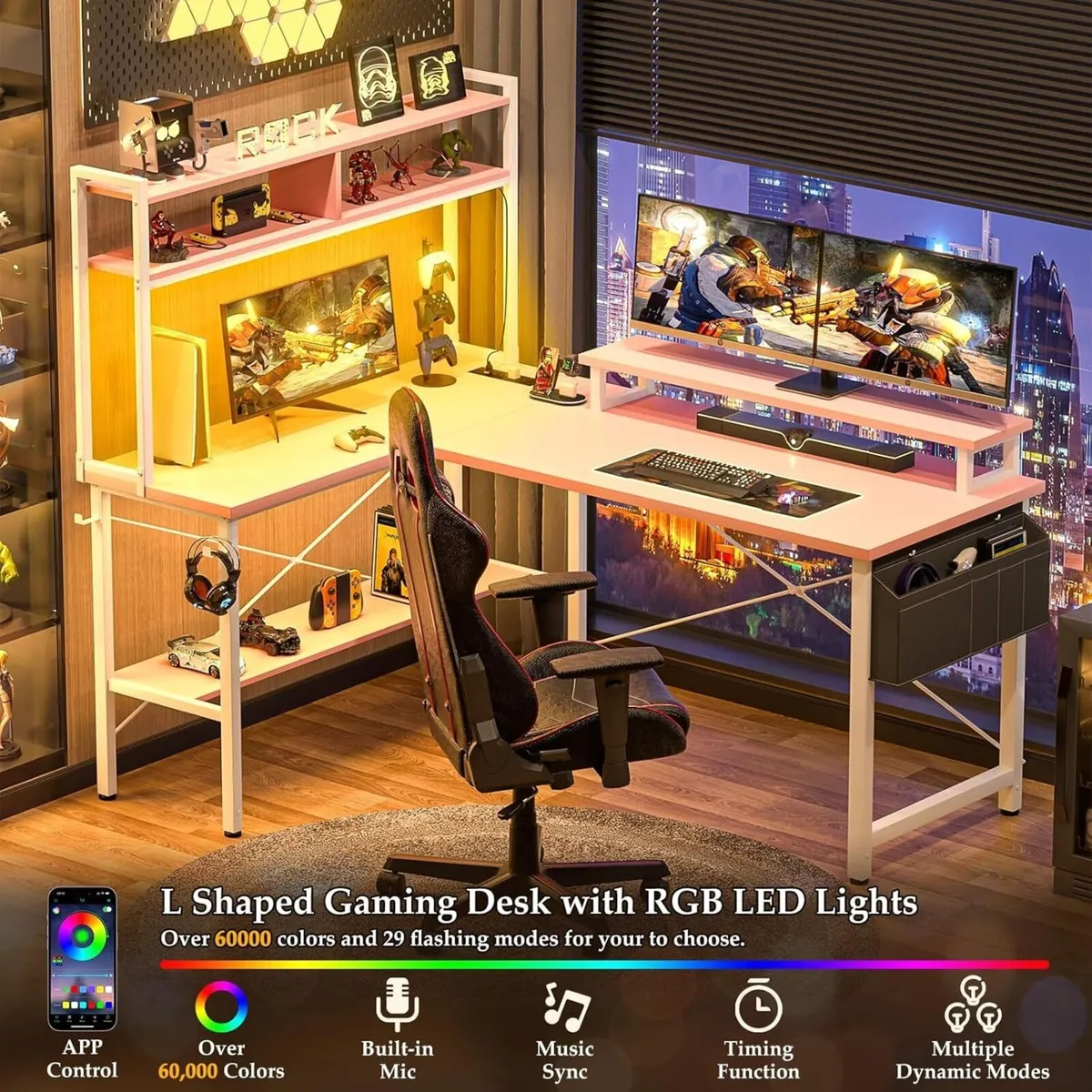 L Shaped Gaming Desk with Power Outlets LED - Image 4