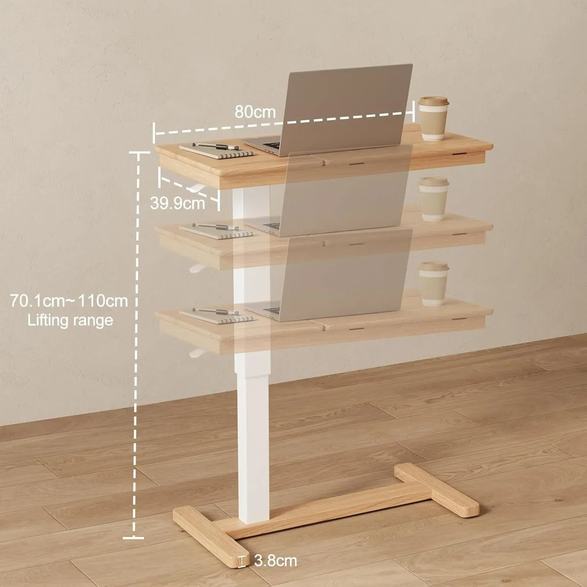 Adjustable Overbed Table with Wheels Solid Wood - Image 2