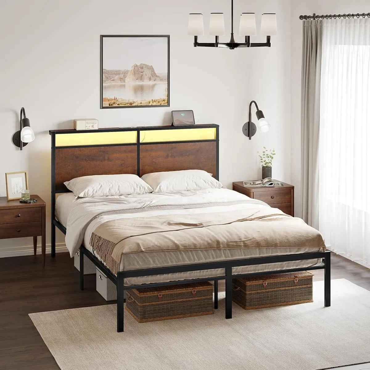 King Size Bed Frame with Storage Headboard LED - Image 1
