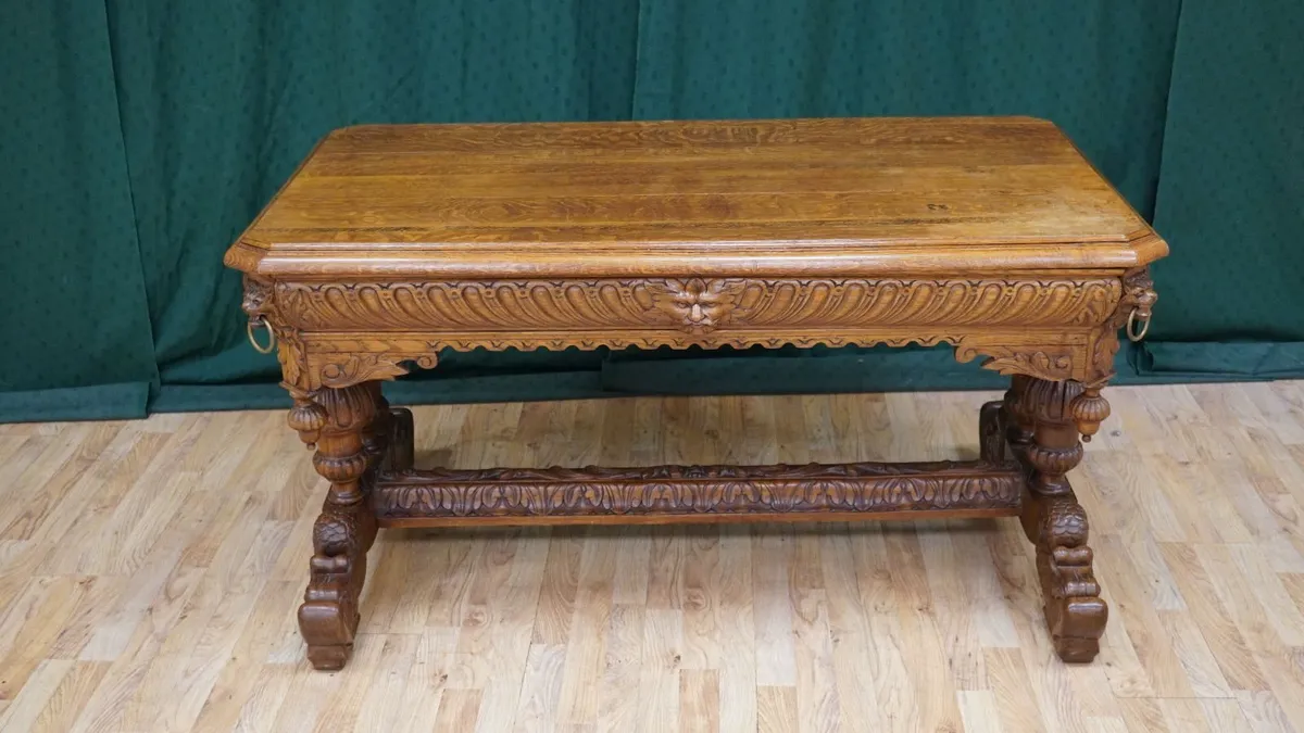 French Renaissance Revival Carved Tiger Oak Table - Image 2