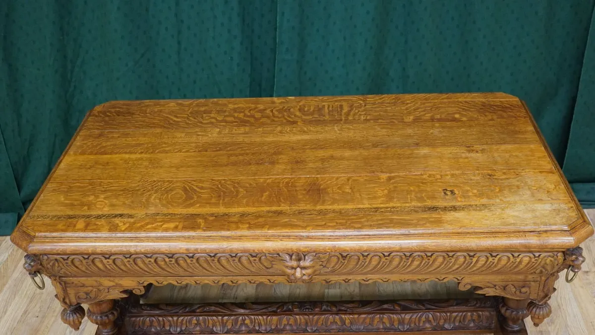 French Renaissance Revival Carved Tiger Oak Table - Image 3