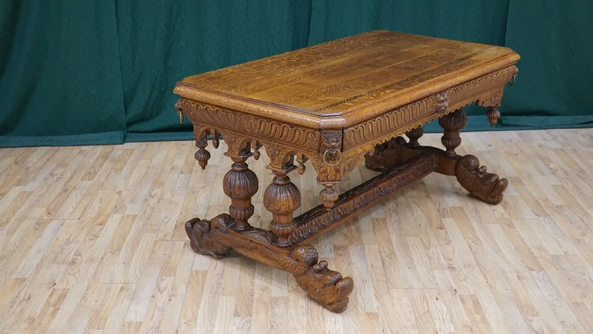 French Renaissance Revival Carved Tiger Oak Table - Image 1