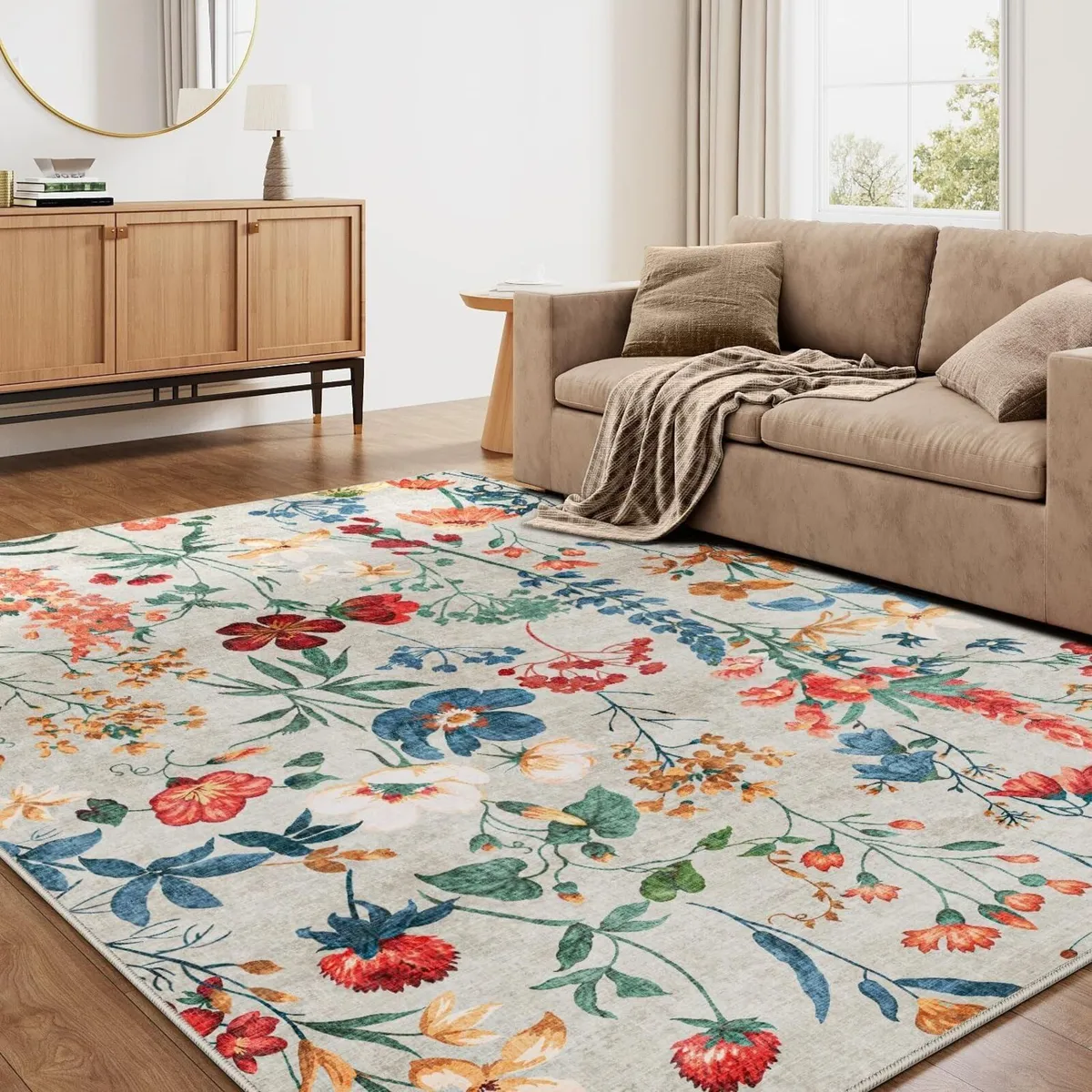Rugs Living Room Beige Washable Flower Area Rug - Image 4