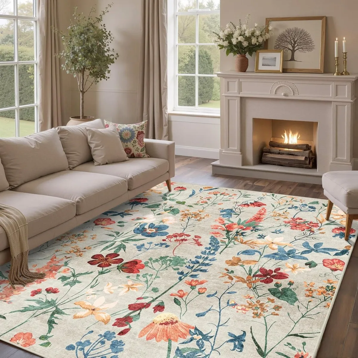 Rugs Living Room Beige Washable Flower Area Rug - Image 3