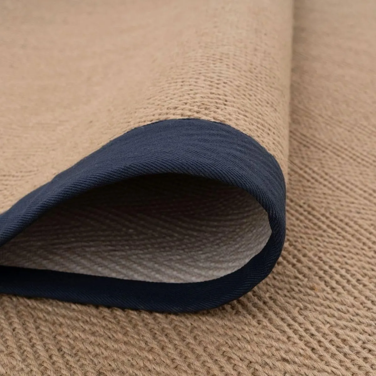 Natural Herringbone Navy Cotton Border Jute - Image 2