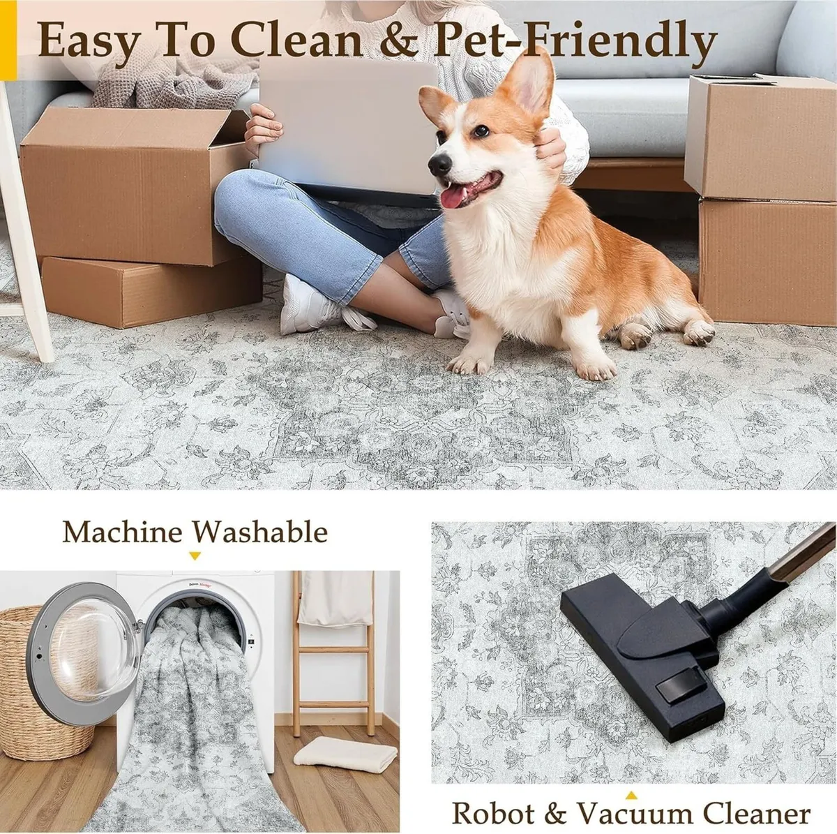 Vintage Washable Grey Rugs Living Room Area Rug - Image 3