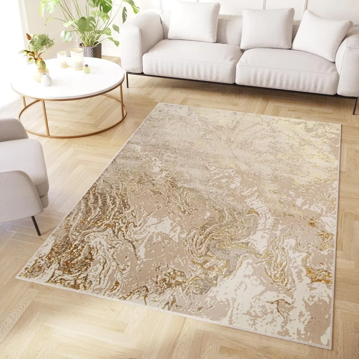 Crystal Area Rug Short Pile Modern Abstract Beige - Image 1