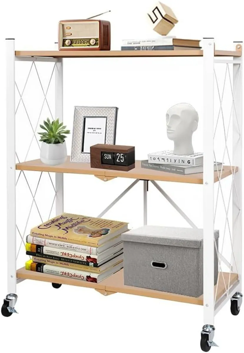 Folding Storage Shelves on Wheels 3-Tier Metal - Image 1