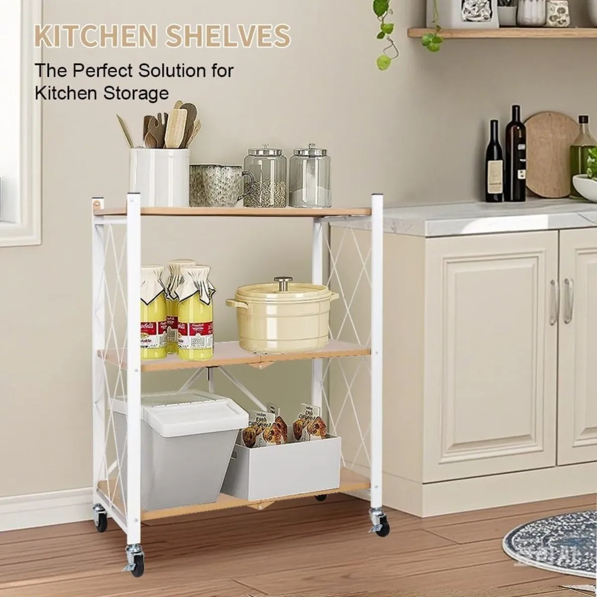 Folding Storage Shelves on Wheels 3-Tier Metal - Image 3
