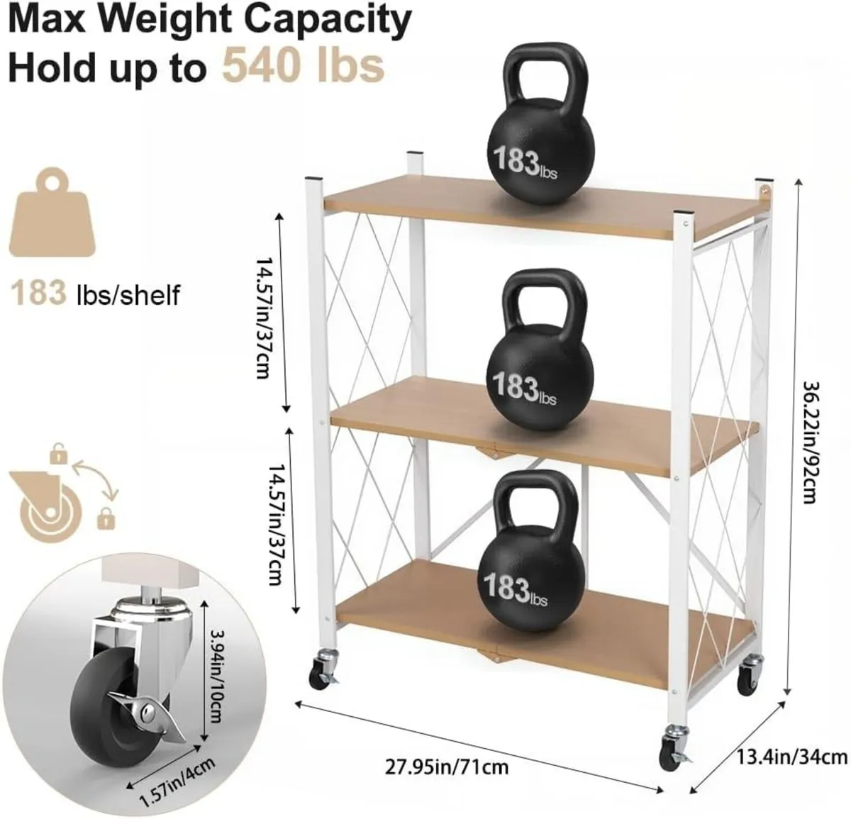 Folding Storage Shelves on Wheels 3-Tier Metal - Image 2