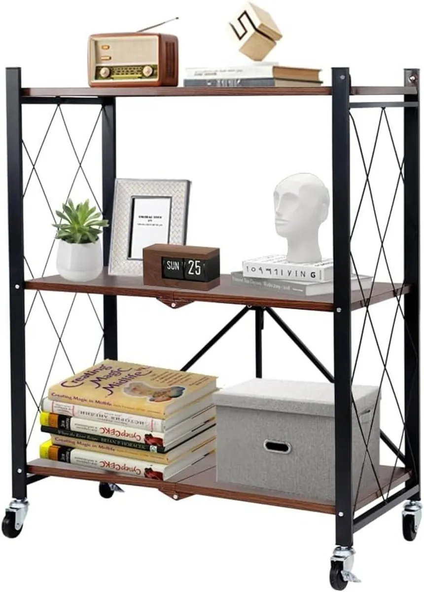 Folding Storage Shelves on Wheels 3-Tier Metal - Image 1