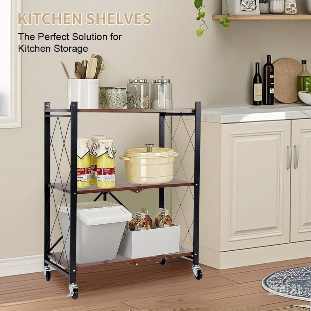 Folding Storage Shelves on Wheels 3-Tier Metal - Image 4