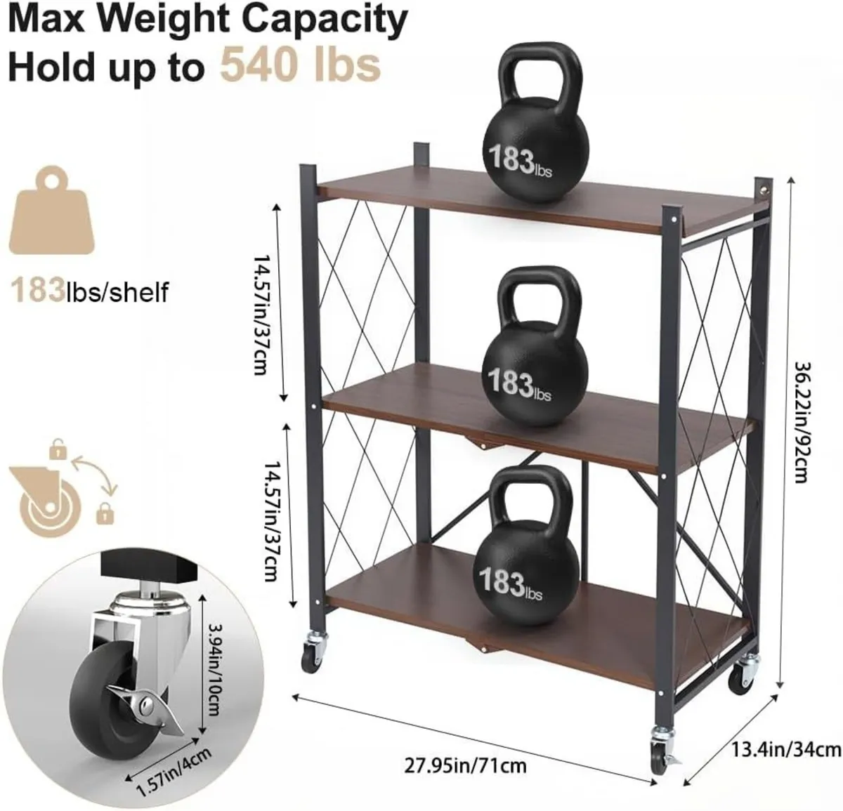 Folding Storage Shelves on Wheels 3-Tier Metal - Image 2