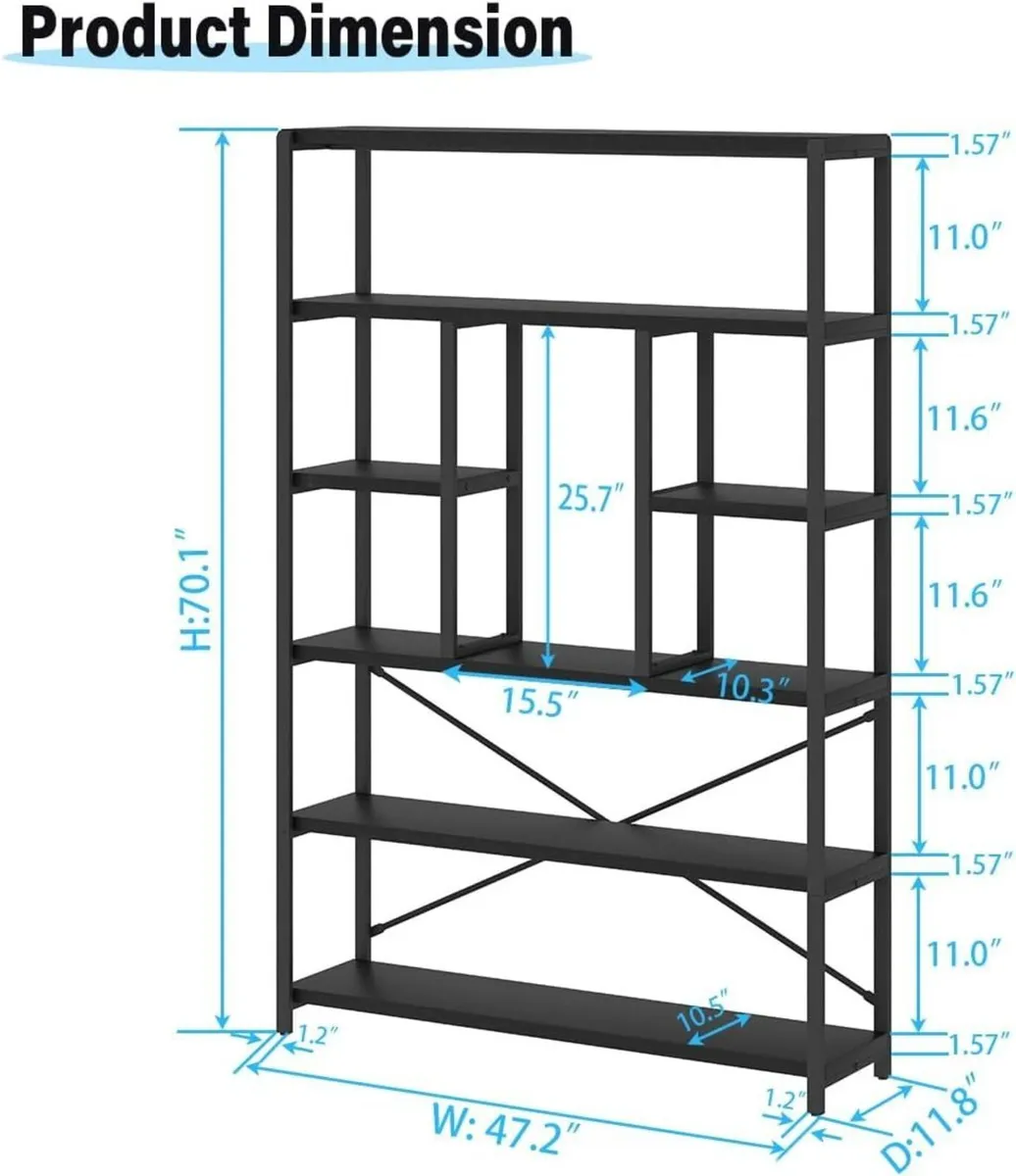 6 Tier Black Bookcase Modern Large Wide Book - Image 2