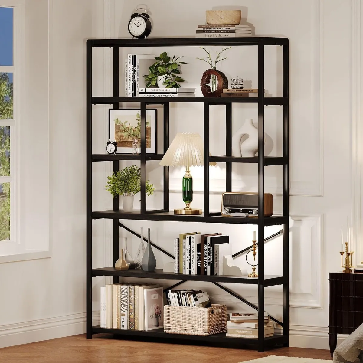 6 Tier Black Bookcase Modern Large Wide Book - Image 1
