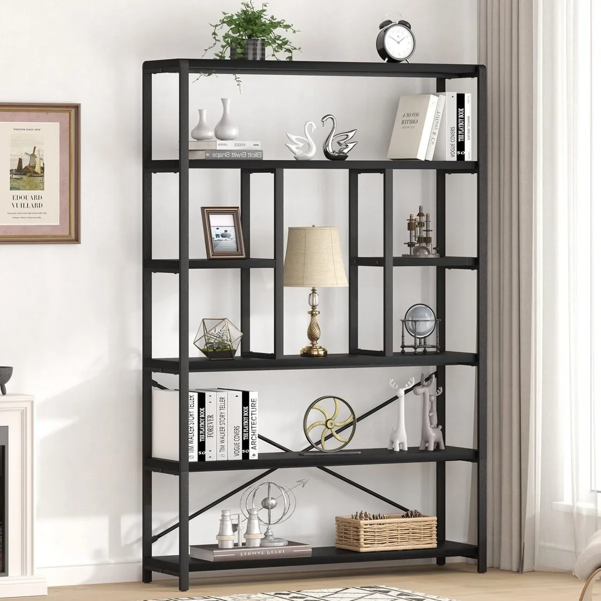 6 Tier Black Bookcase Modern Large Wide Book - Image 3