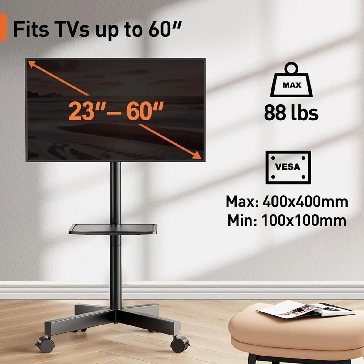 Mobile TV Stand on Wheels for 23-60 inch LED LCD - Image 2