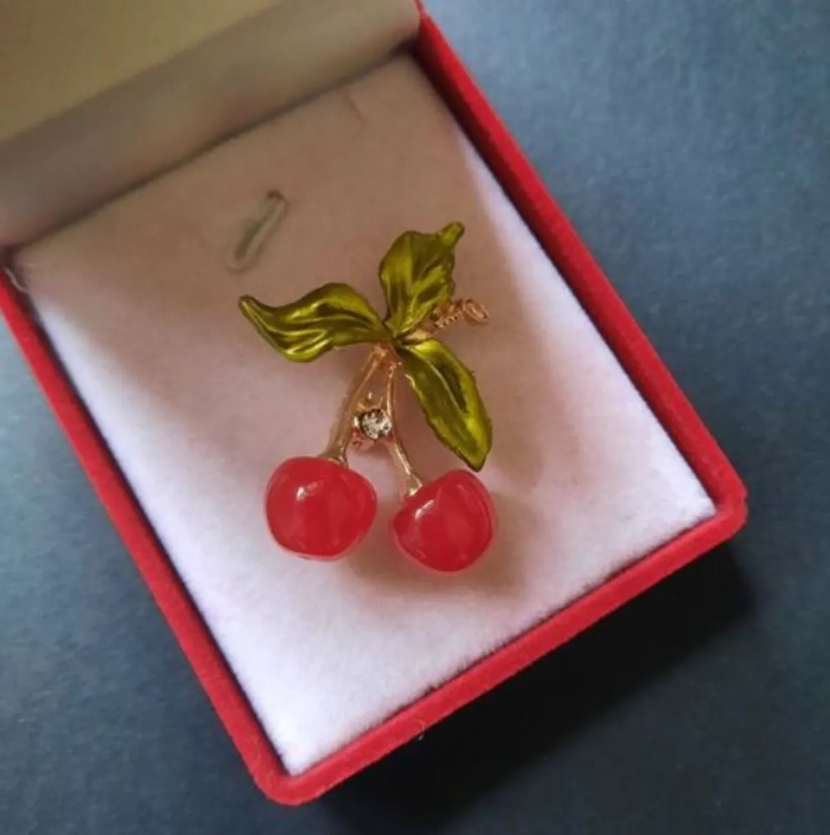 Two Red Cherries Brooch with Crystal, Fruit Themed - Image 2