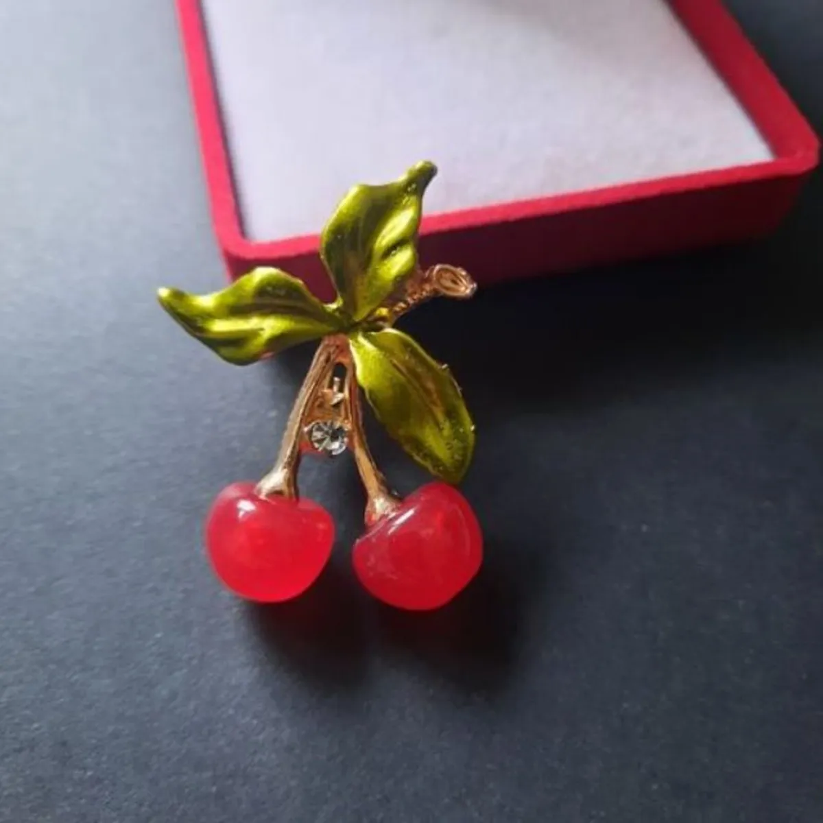 Two Red Cherries Brooch with Crystal, Fruit Themed - Image 3