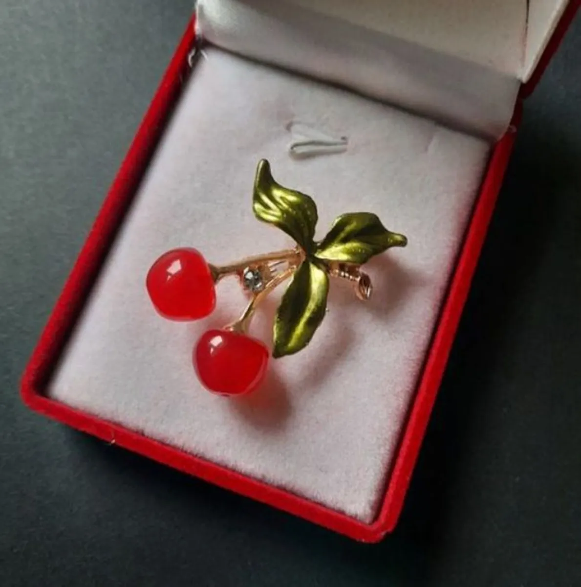 Two Red Cherries Brooch with Crystal, Fruit Themed - Image 4