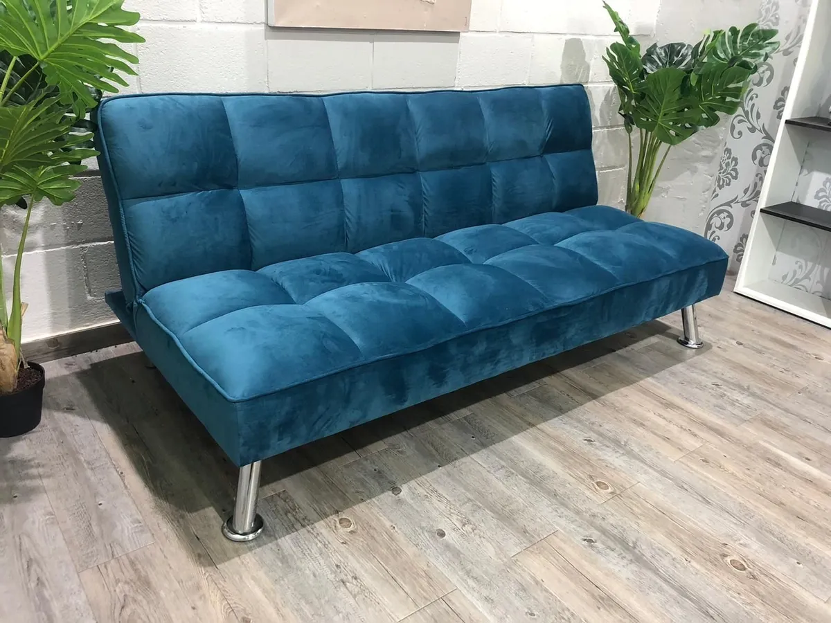 Blue velvet Folding 3Seater Sofa Free delivery - Image 2