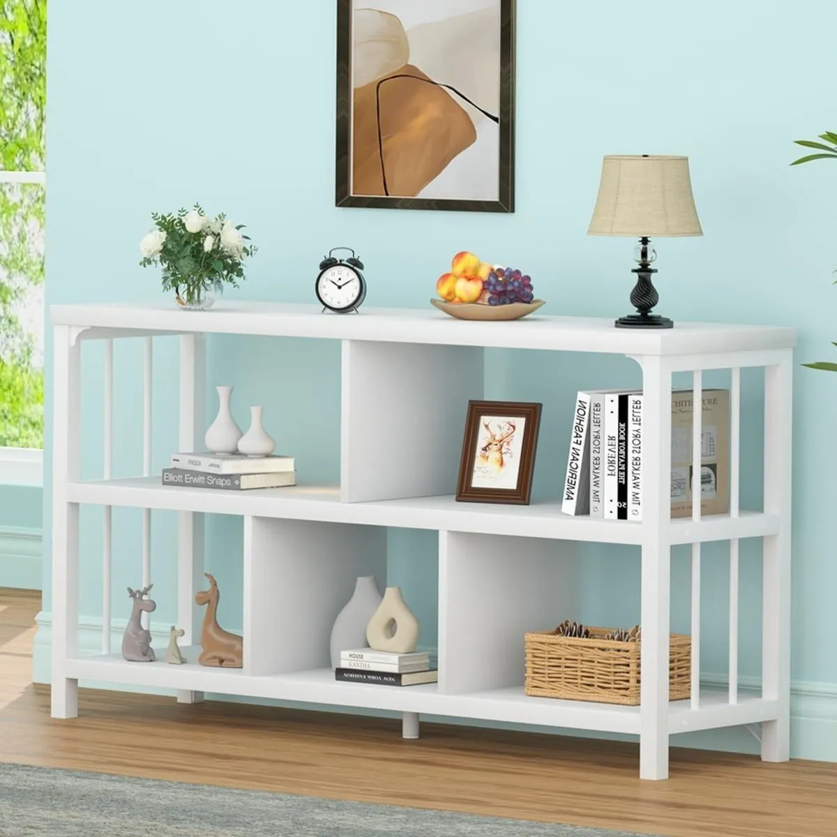 White Wood Bookshelf Industrial Horizontal Cubby - Image 1