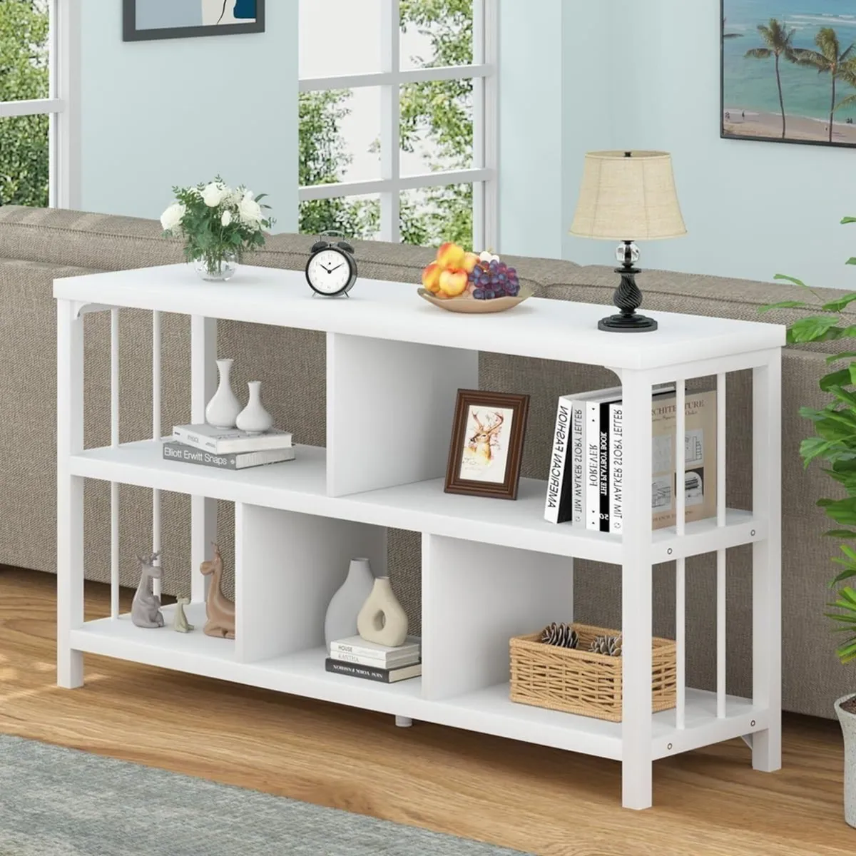 White Wood Bookshelf Industrial Horizontal Cubby - Image 3