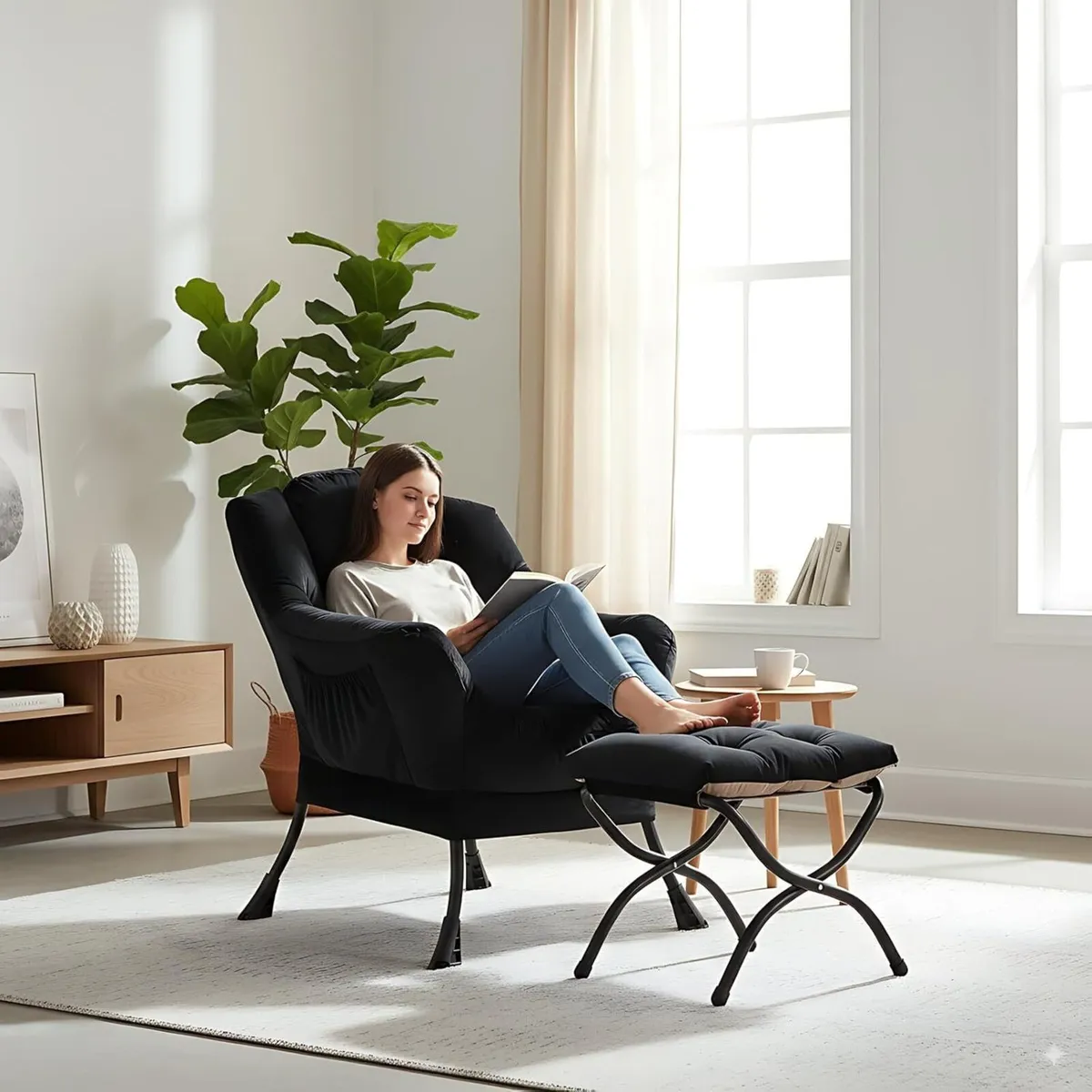 Comfy Black Armchair with Ottoman Casual Lazy - Image 4