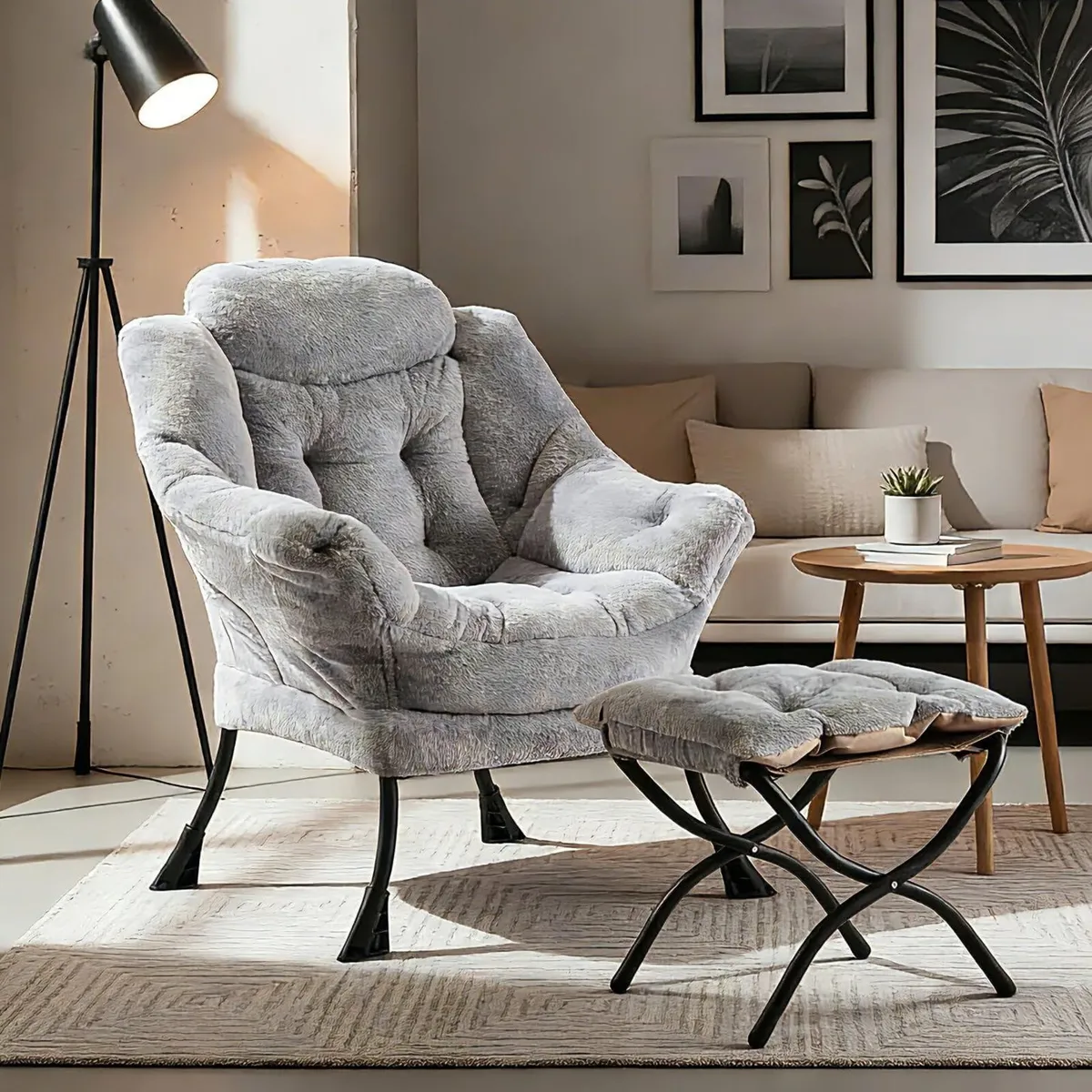 Plush Rabbit Fur Lazy Chair with Ottoman Grey - Image 1