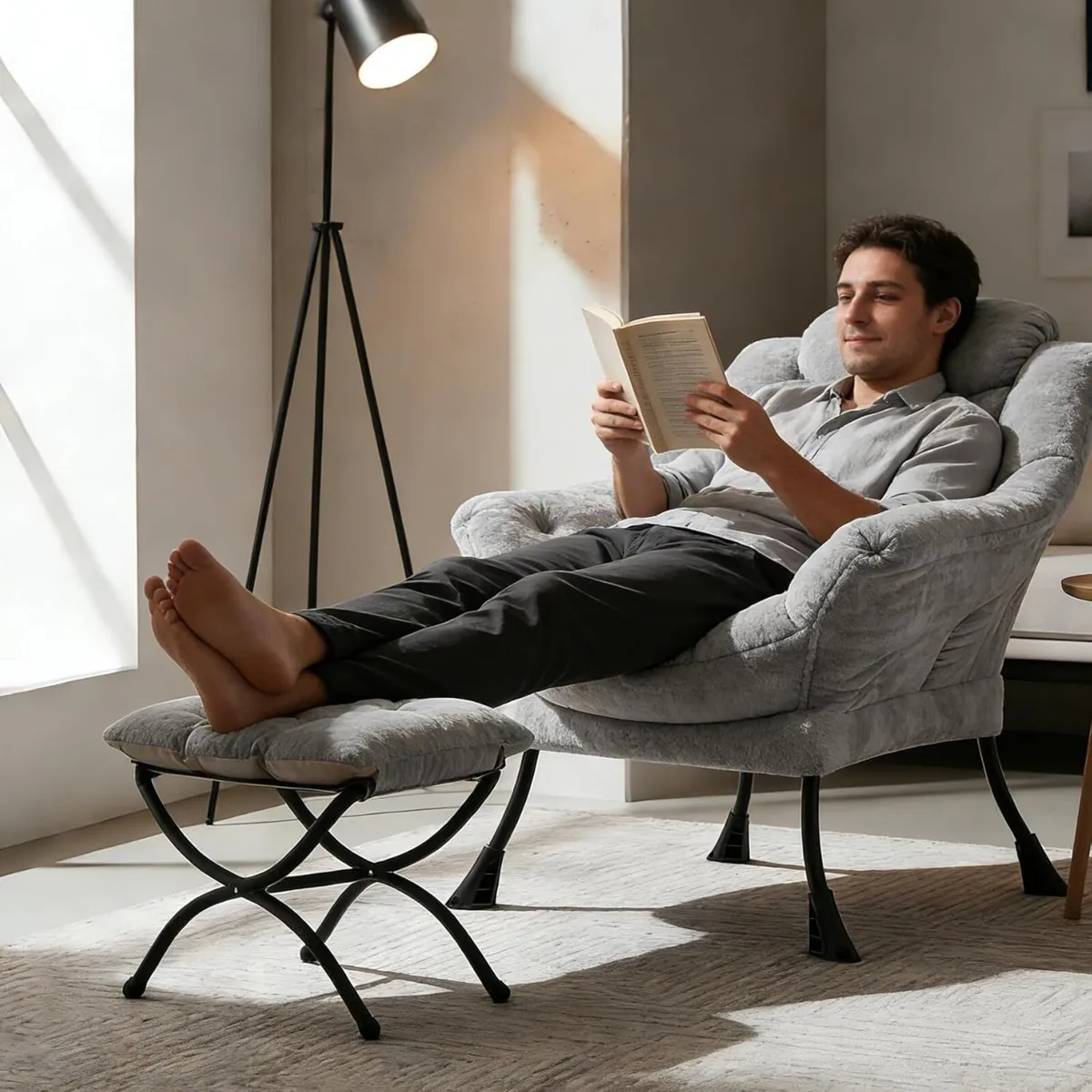 Plush Rabbit Fur Lazy Chair with Ottoman Grey - Image 4