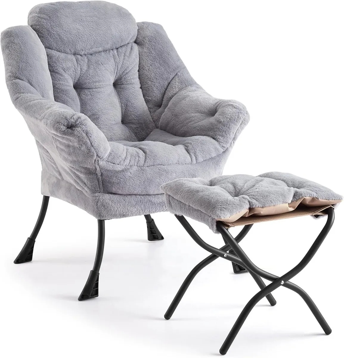 Plush Rabbit Fur Lazy Chair with Ottoman Grey - Image 3