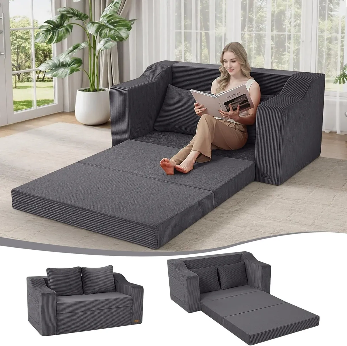 Convertible Sofa Bed Corduroy Foldable Floor - Image 1